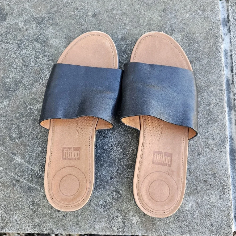 Fitflop EU 37 US 6 Sola Black Leather Slide Sandals Slip‎ On Comfort Walking